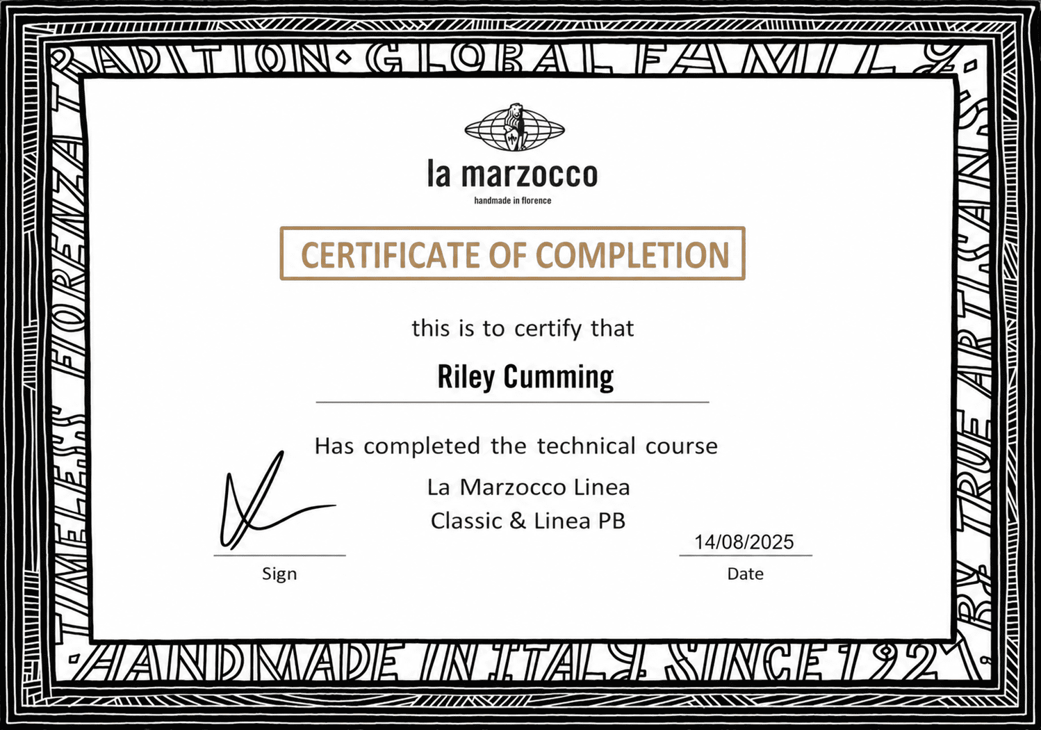 Riley's La Marzocco technician certificate.
