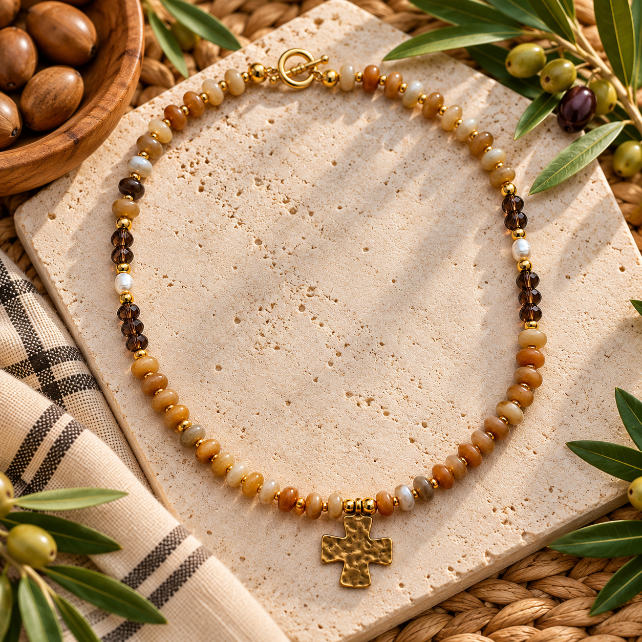 Rustic Beaded Necklace with Hammered Cross.png