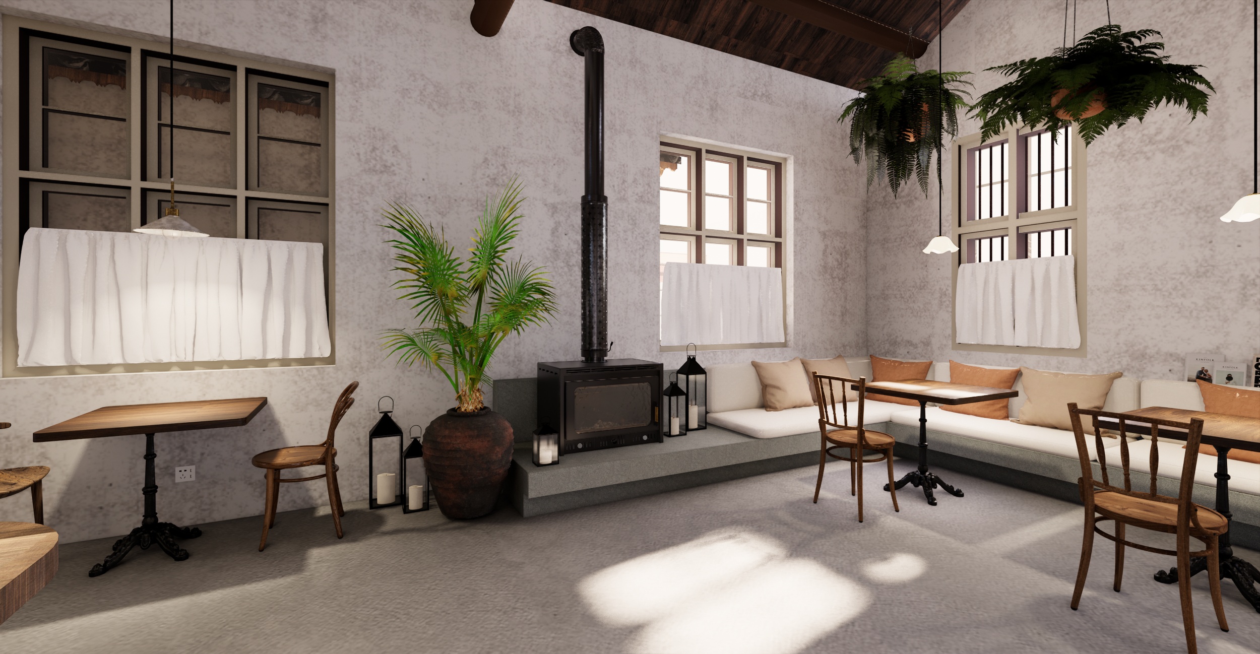 Cozy living room with beige cushioned seating, wooden chairs, large windows, hanging plants, fireplace, and decorative lanterns.