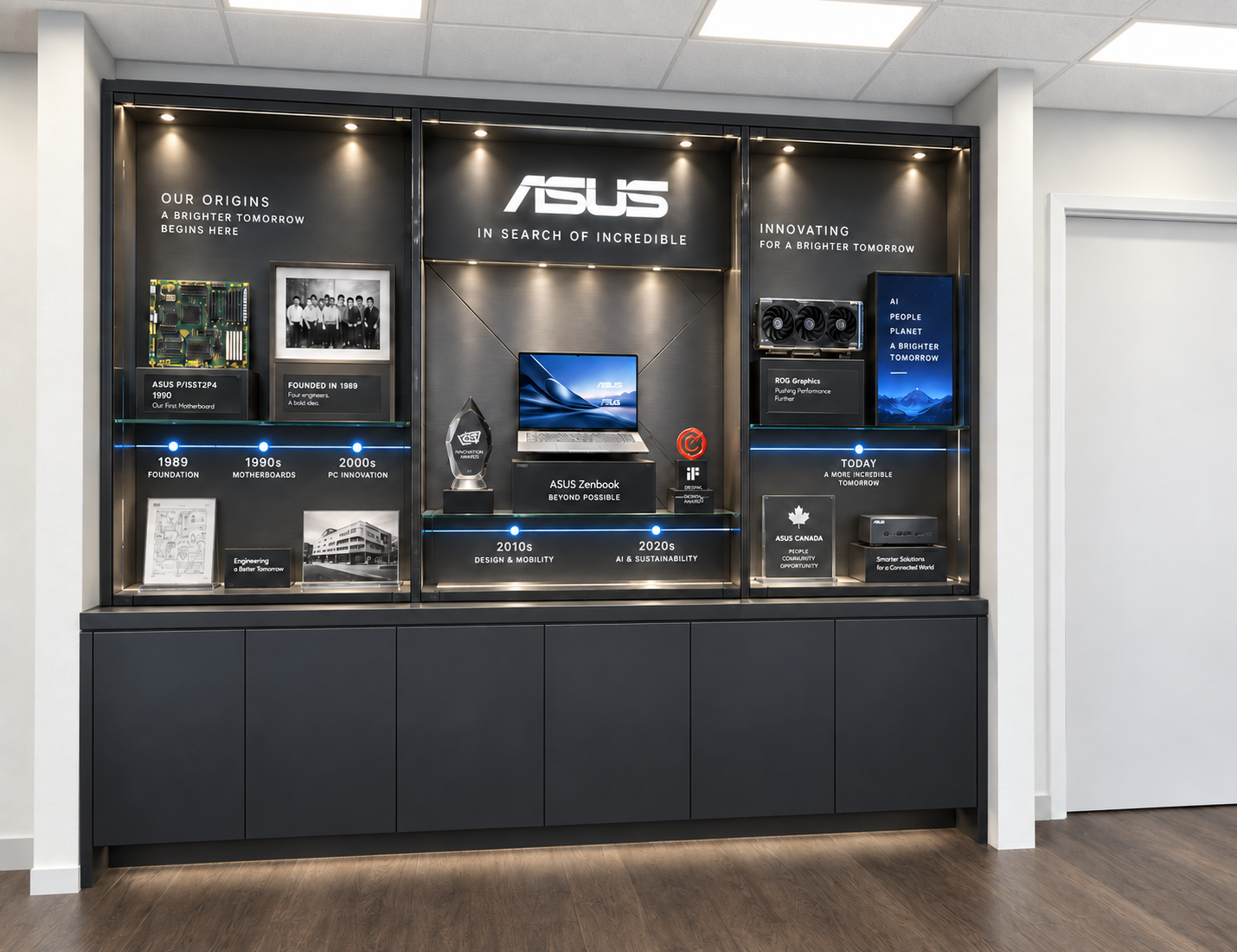 Display wall showcasing ASUS company's history and innovations, featuring photos, trophies, and graphics representing their milestones from 1989 to today.