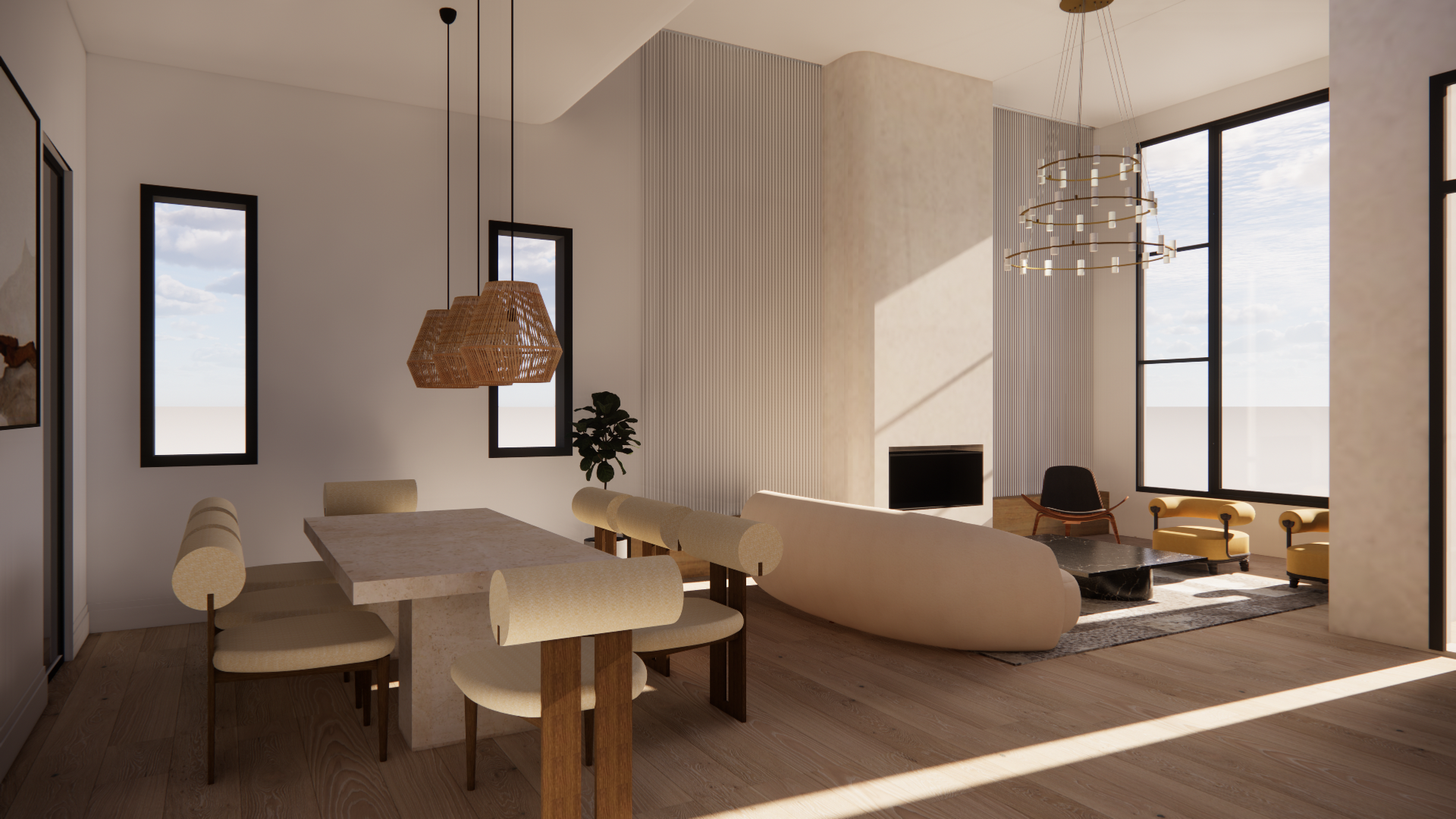 A spacious, modern living and dining area with large windows, contemporary furniture, and elegant lighting fixtures.