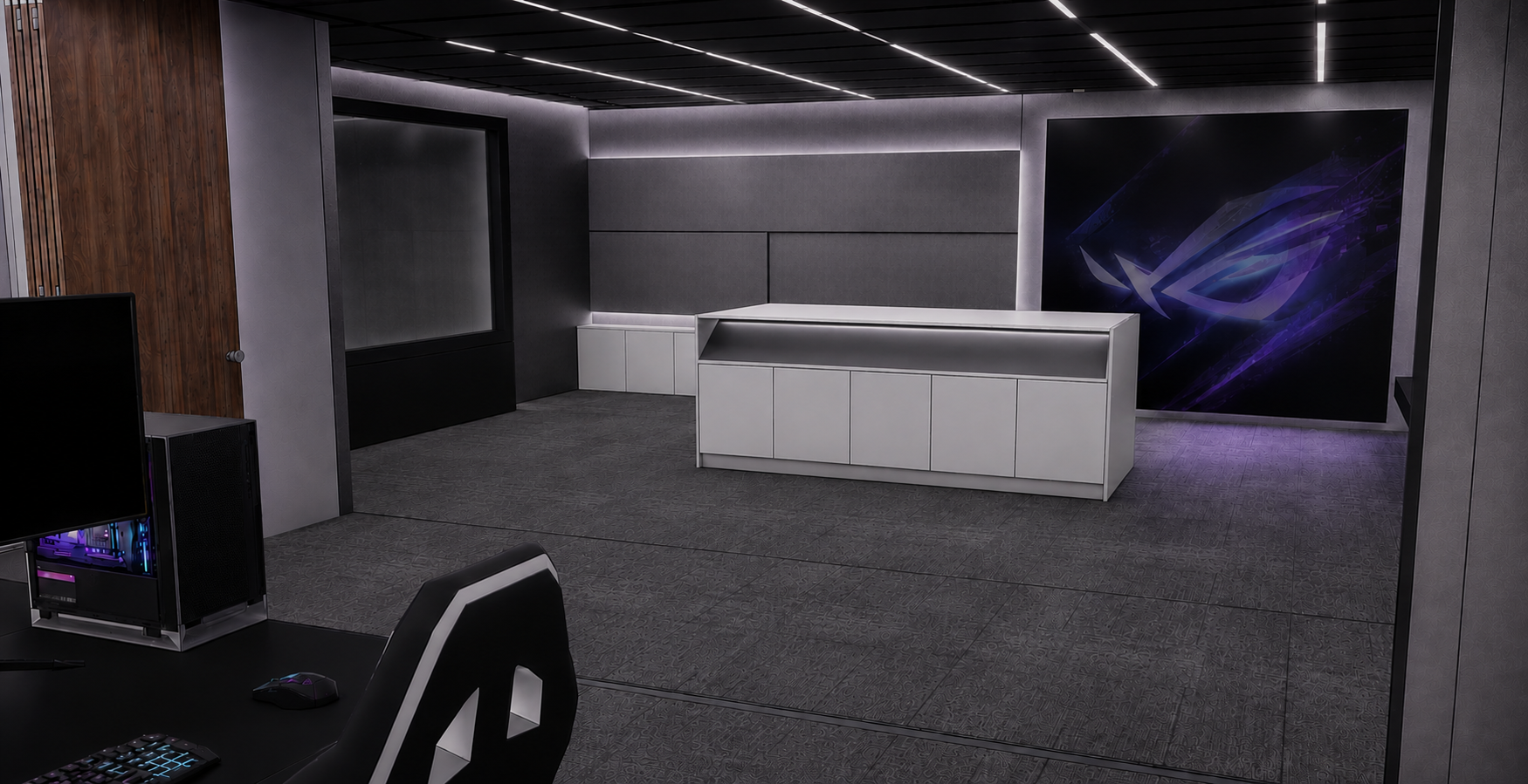 Empty modern gaming or tech room with a large screen displaying a logo, a white cabinet, gray walls, dark ceiling with mounted lighting strips, and a computer setup with a monitor, keyboard, and mouse.