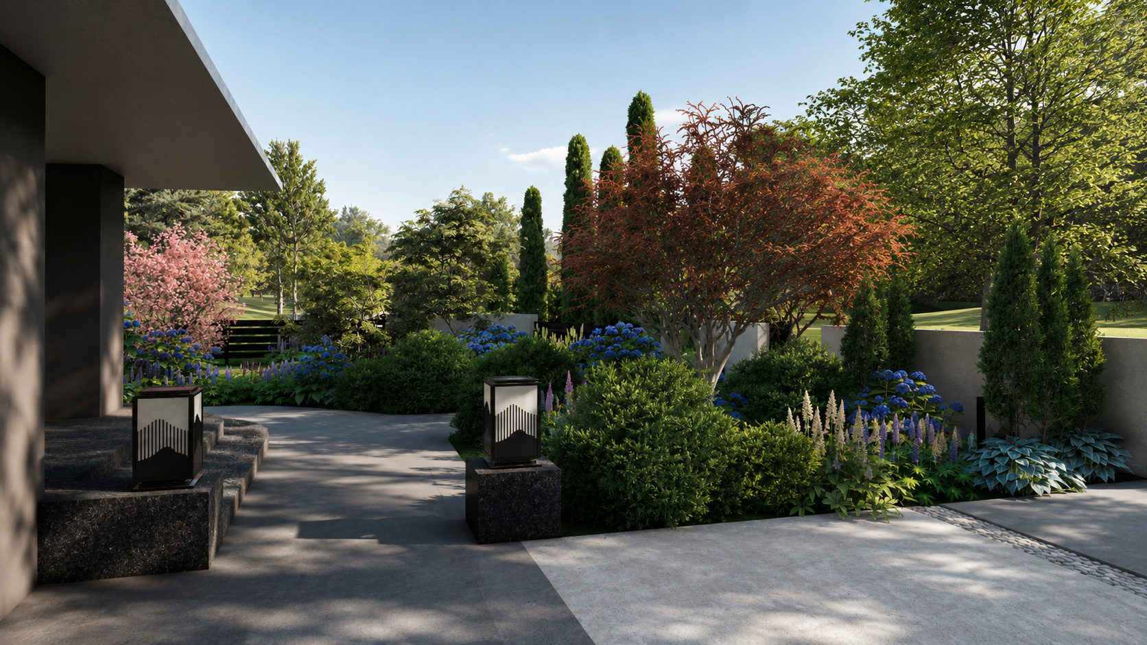 Modern outdoor garden with colorful flowering trees, shrubs, and greenery, along with stone steps and contemporary black lanterns, under a clear blue sky.
