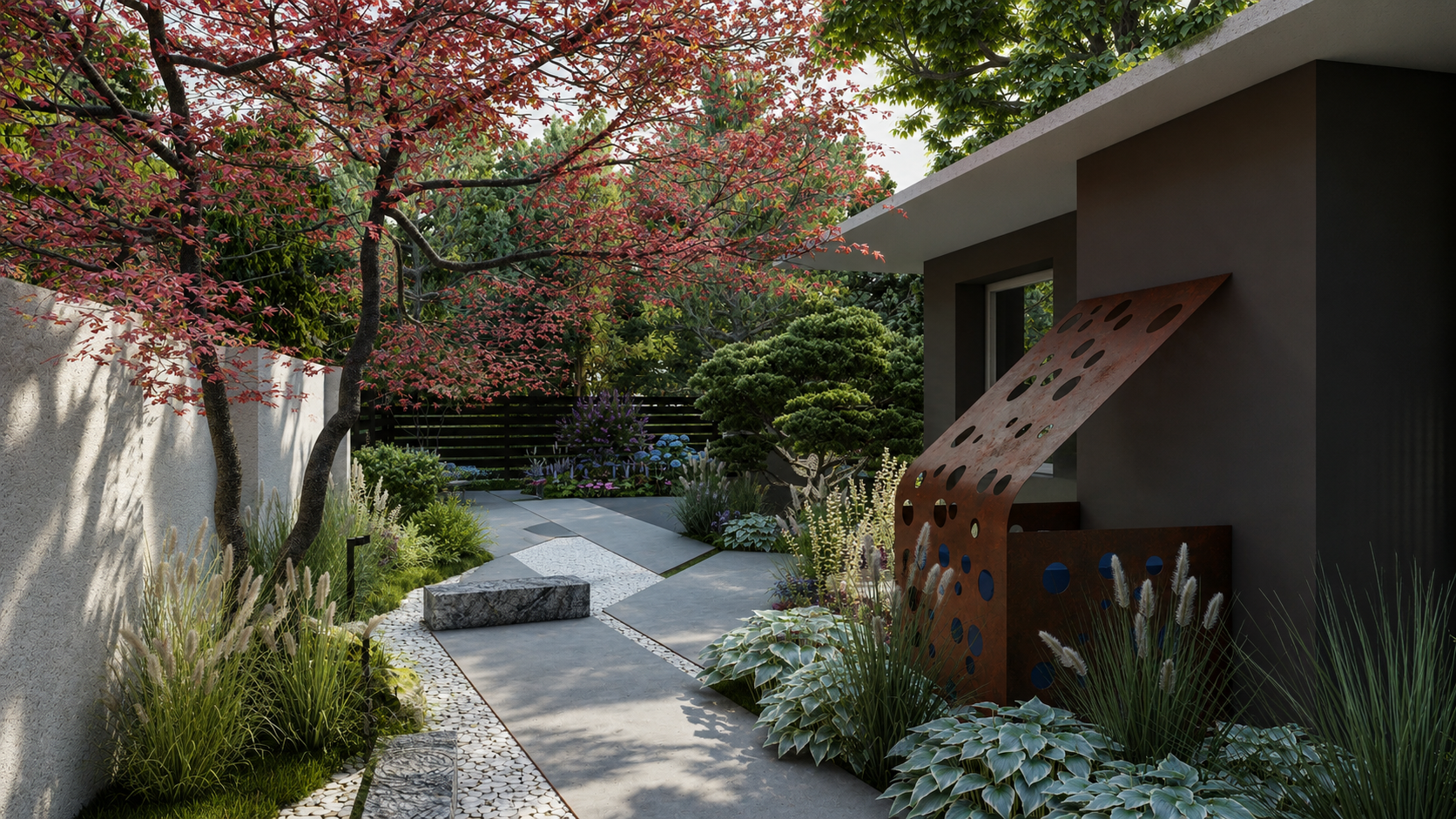Modern outdoor garden with a winding pathway, lush green plants, and a metal sculpture, next to a black building with a window, surrounded by trees with red and green leaves.
