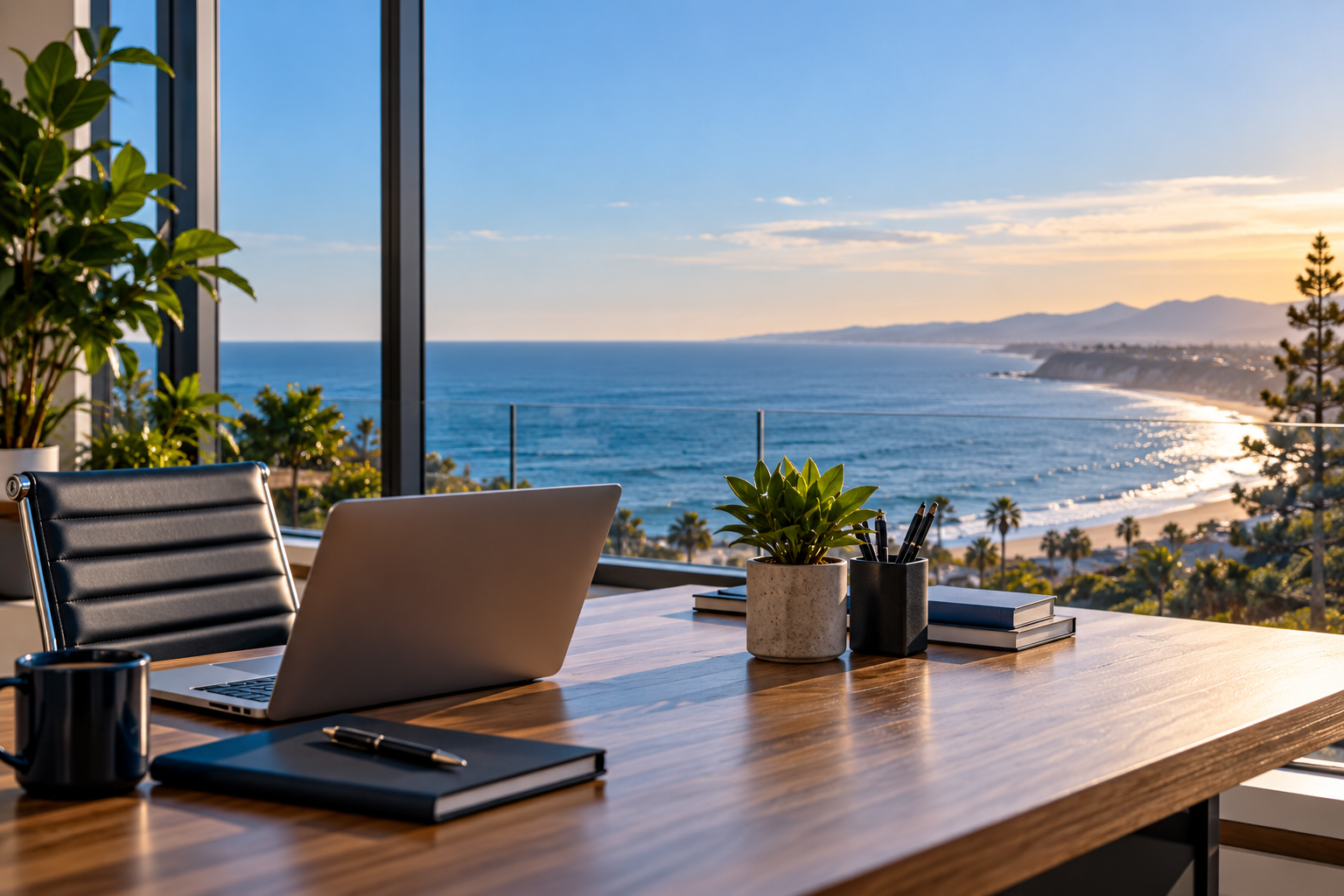 Office desk with laptop, notebooks, pens, and a plant, overlooking a balcony with a view of the ocean and coastline during sunset.