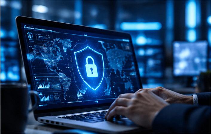 A person using a laptop with a digital security shield and padlock graphic on the screen, suggesting cybersecurity or data protection.