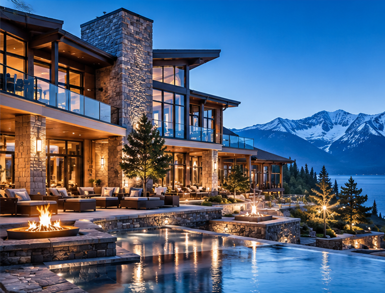 Luxury modern house with outdoor pool and fire pits, situated in a mountainous area with snow-capped peaks and lake in the background during evening.