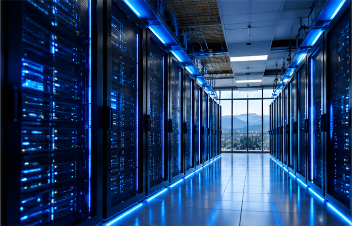 Data center with rows of server racks illuminated by blue LED lights, large windows showing a cityscape and mountains outside.