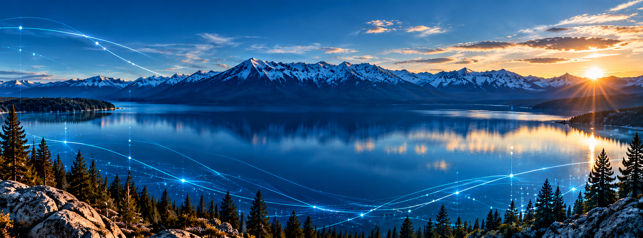 A scenic landscape of a mountain range with snow-capped peaks at sunset, reflecting in a calm lake with pine trees in the foreground, overlaid with digital blue network lines and points.