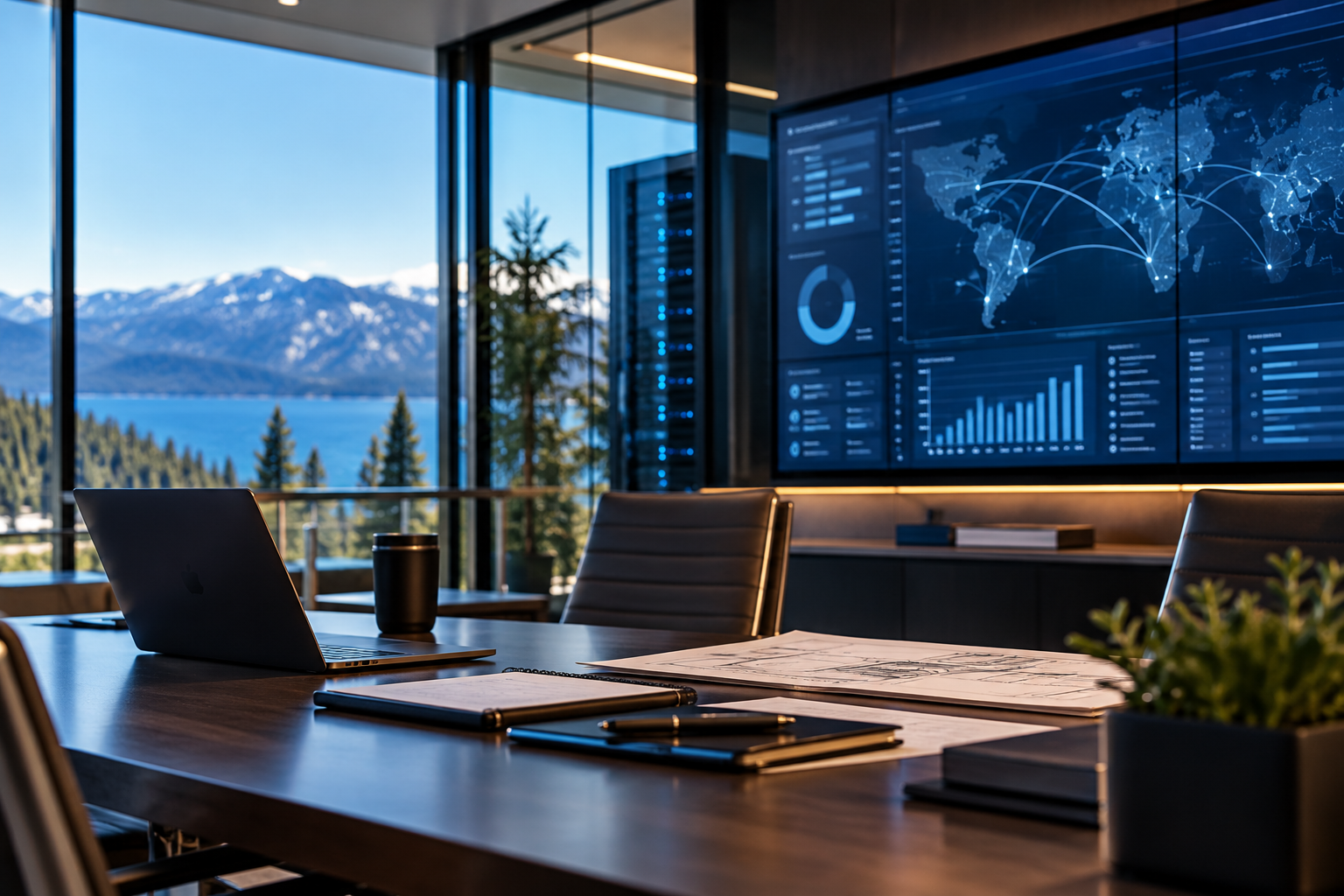 Modern conference room with a laptop, notebooks, and pens on a wooden table, large windows showing mountains, lake, pine trees, and a digital screen displaying world maps and charts.