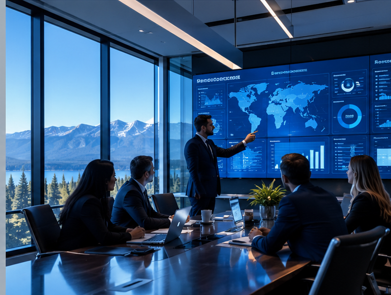 Business meeting in a conference room with a large digital world map display, overlooking mountains and a lake outside.