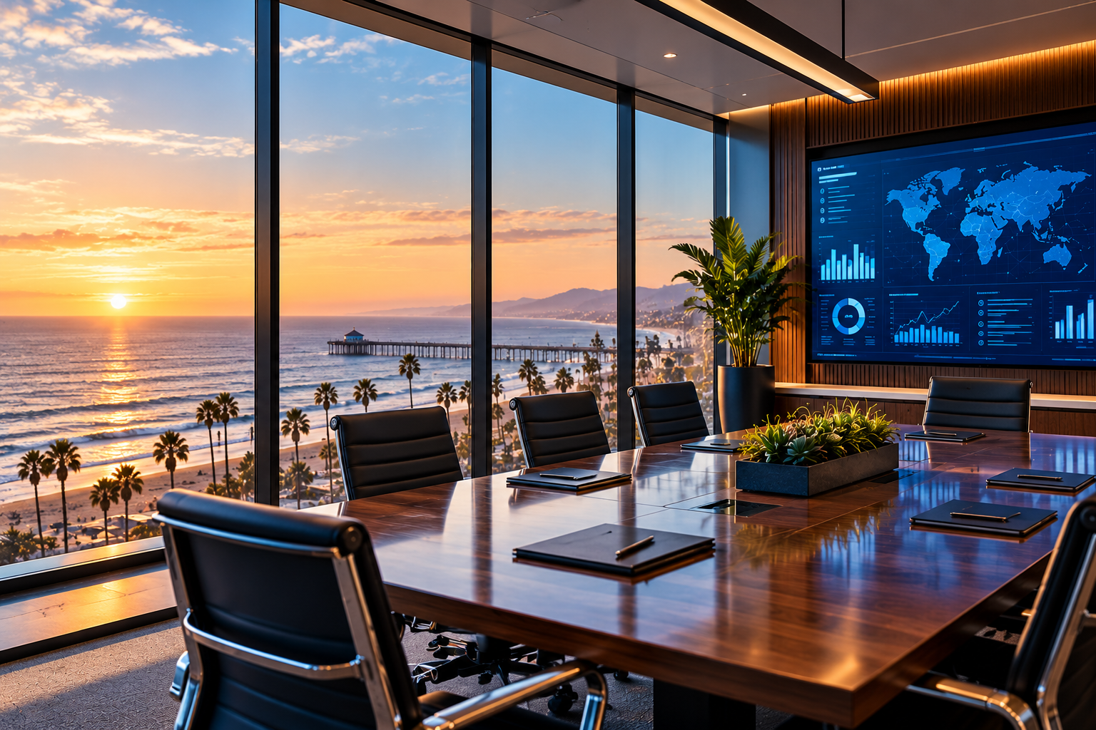 Modern conference room with a large wooden table, black leather chairs, a potted plant, and a digital world map with data charts on a wall. Large windows show a sunset over palm trees and the ocean.