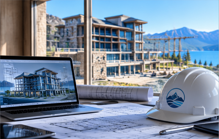 Architectural plans and safety helmet on a desk with a view of a lakeside resort building through large windows.