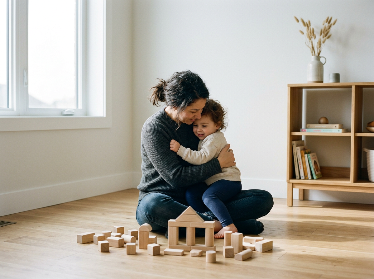 A woman and a young girl hug each other in a bright room with wooden floors, surrounded by wooden building blocks arranged to resemble a small house. A bookshelf with books and decorative items is in the background.