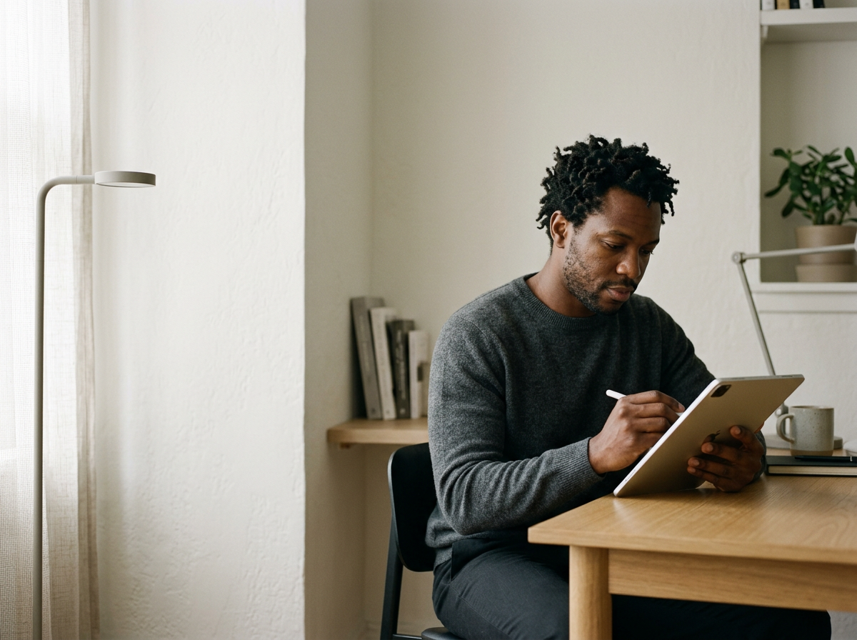 A man sitting at a desk writing on a tablet with a stylus, in a softly lit room with a bookshelf, a lamp, a potted plant, and a mug on the desk.
