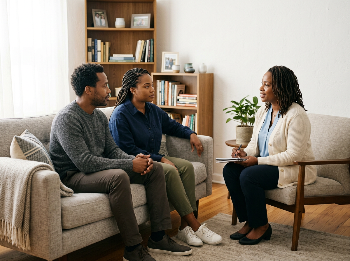 A therapist welcomes a couple for a counseling session in a cozy, well-lit room with wooden shelves and a potted plant, sitting on a gray sofa and a wooden chair.