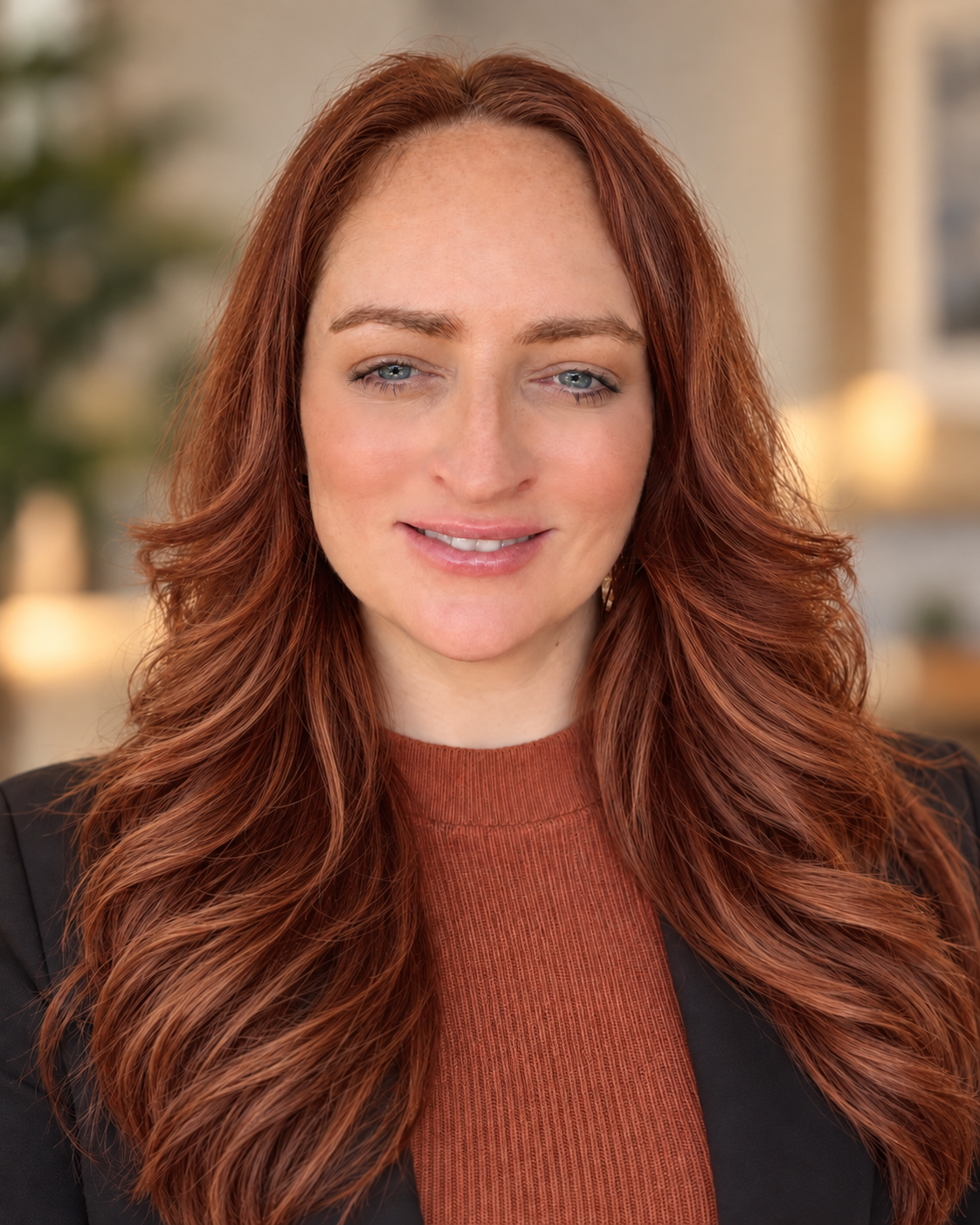 A woman with long, wavy red hair, blue eyes, and fair skin, wearing a black blazer and a rust-colored top, standing indoors with a blurred background.
