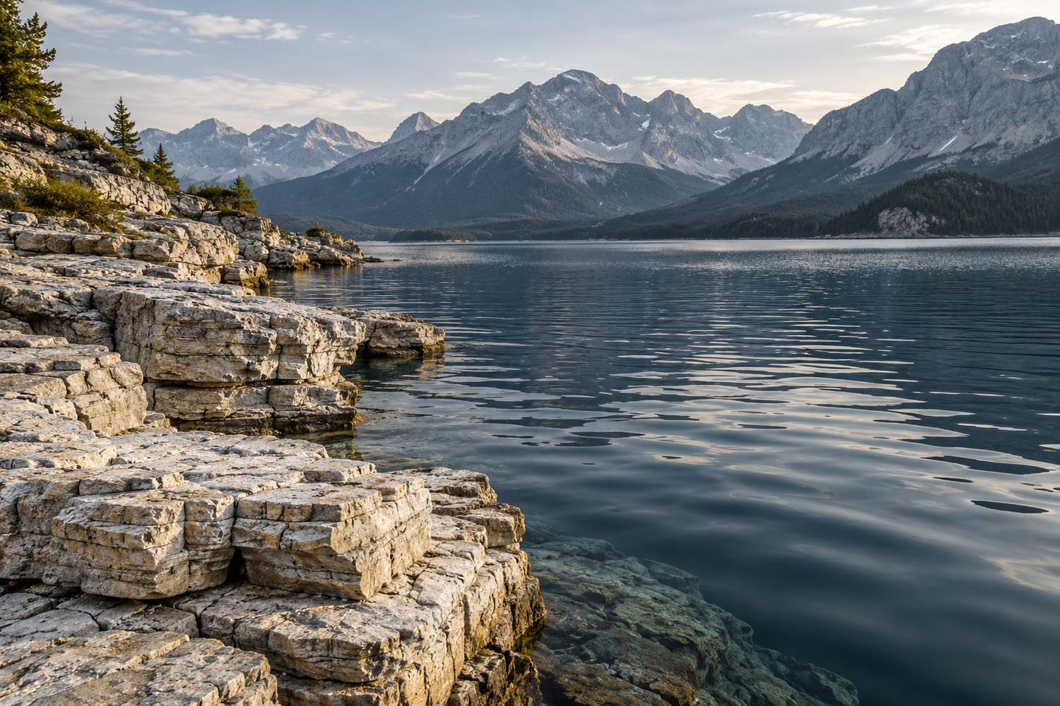 Illustrative limestone shoreline and cool mountain water.