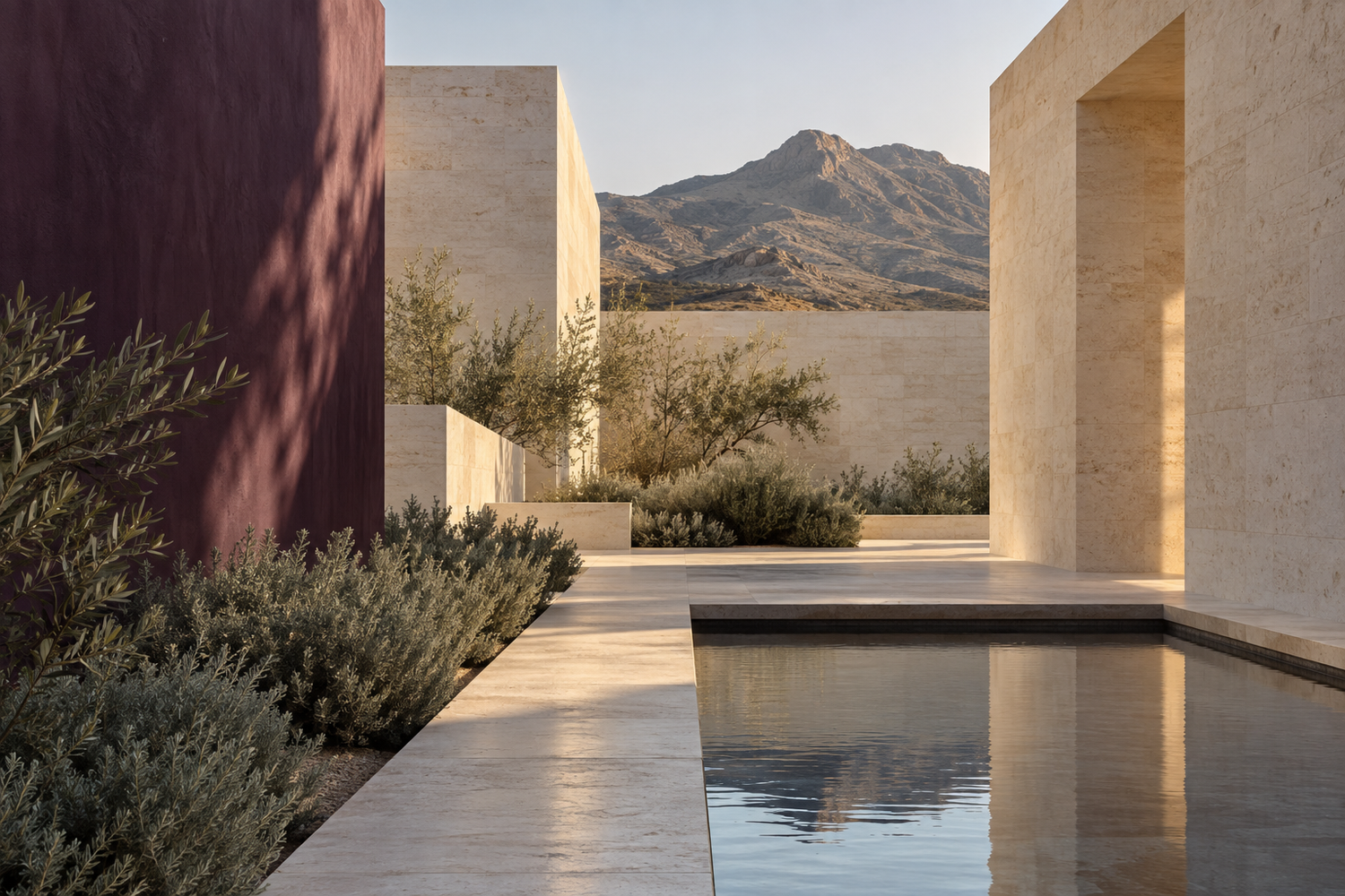 Illustrative limestone courtyard with aubergine walls, natural light, and a reflecting pool.