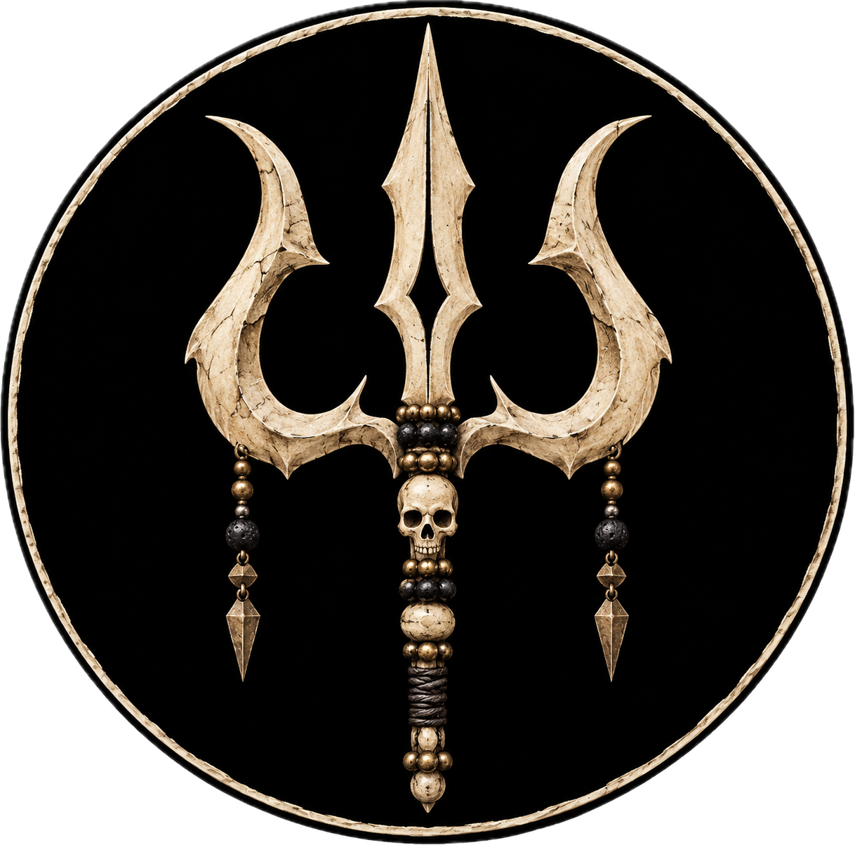 Decorative trident with a skull at the center, shielded by black and gold beads and hanging ornaments, set against a black circular background.