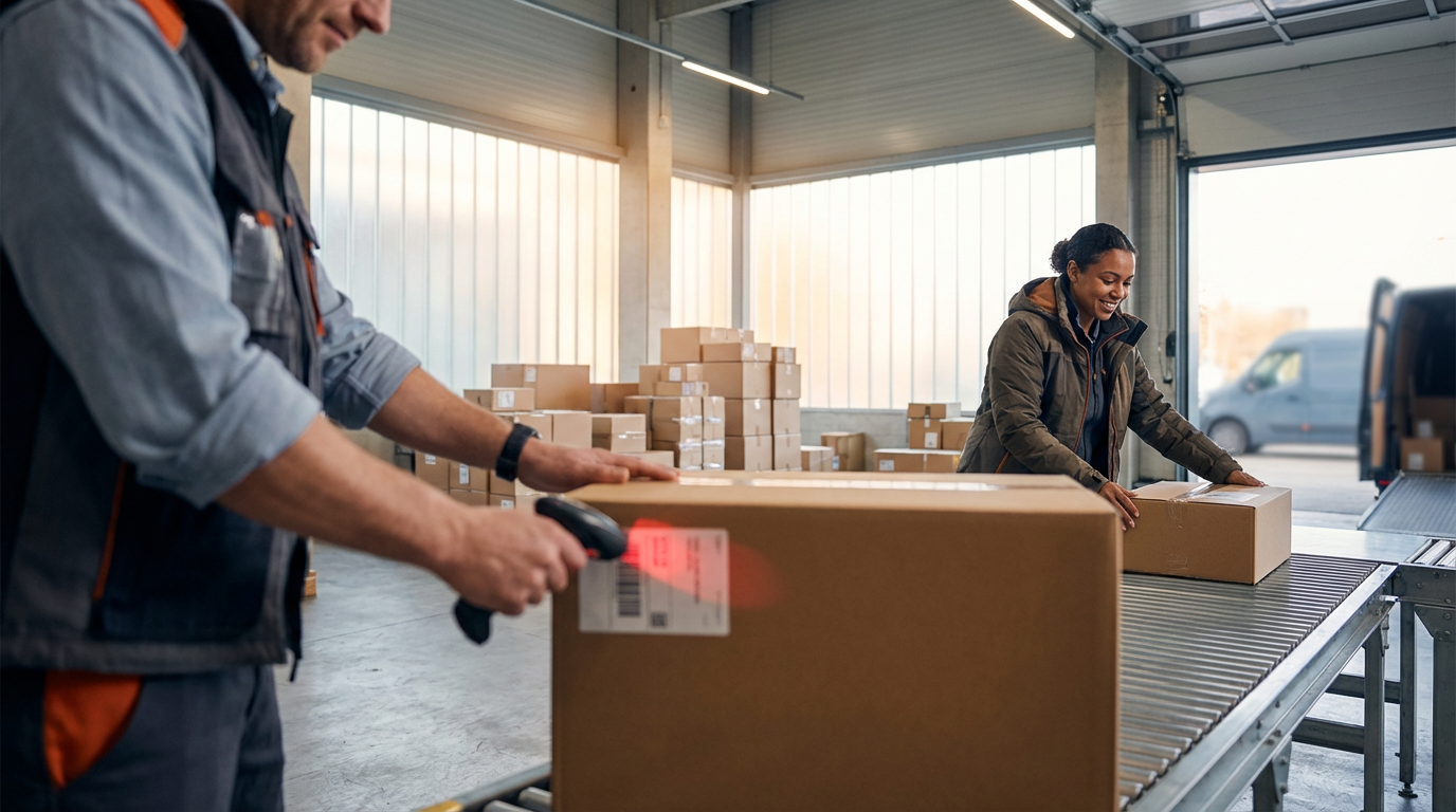 Warehouse workers packing boxes on a conveyor belt inside a storage facility.