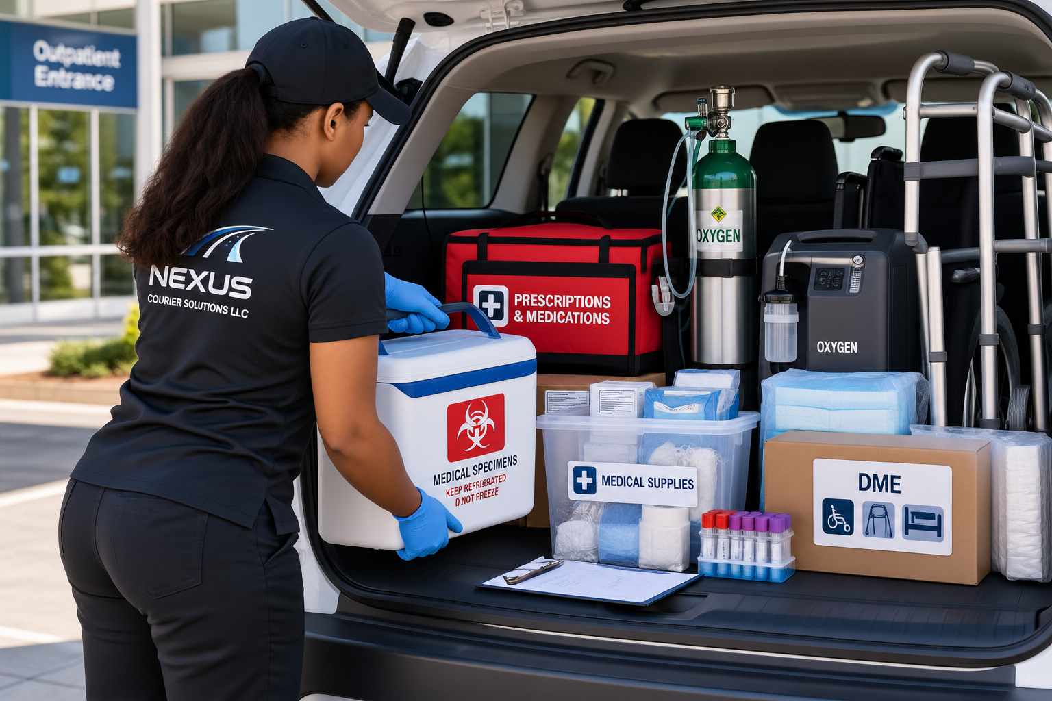 Medical courier placing a refrigerated medical specimen container a vehicle with medical supplies and DME.