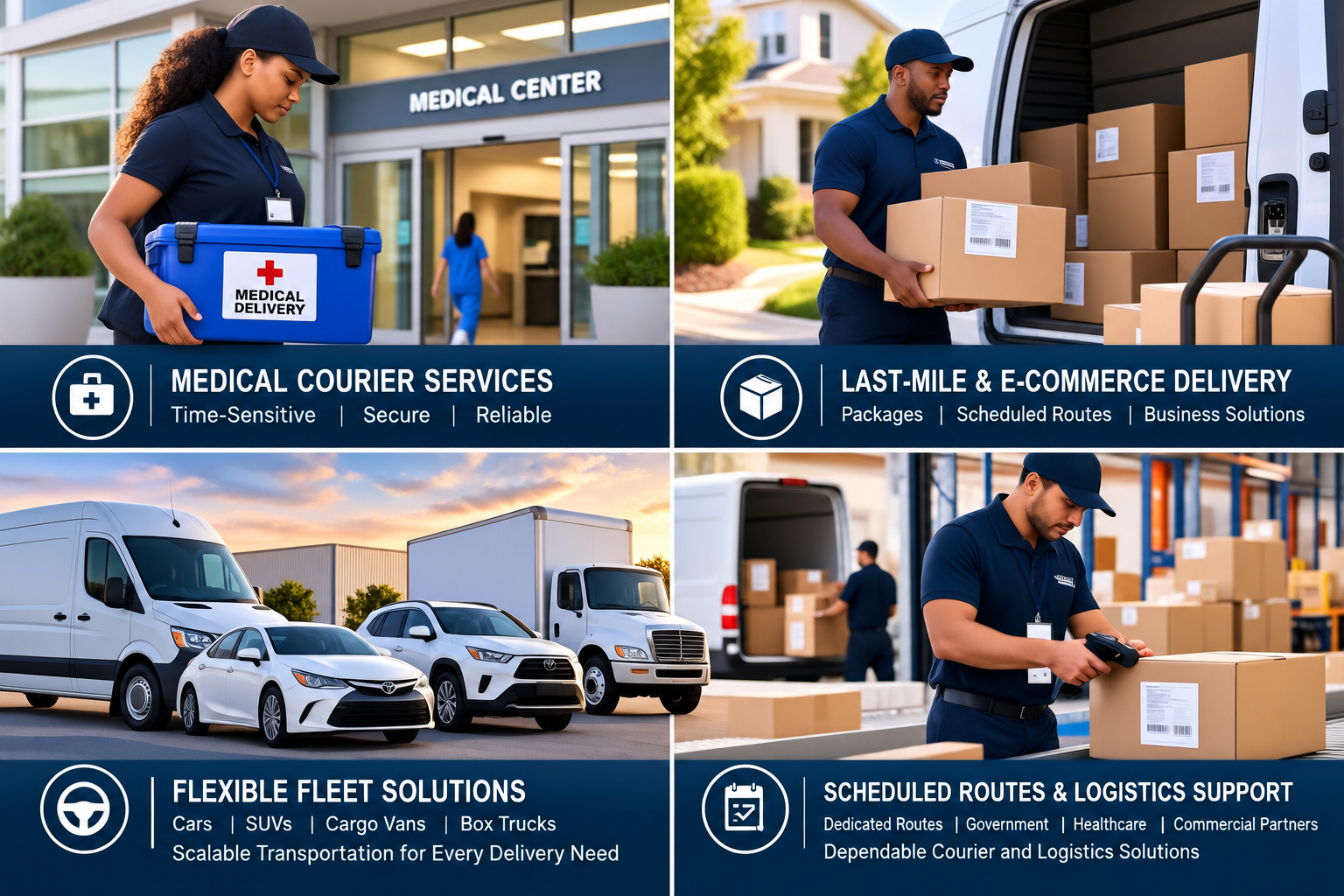 Courier services collage showing a medical courier, package delivery, mixed vehicle fleet, and warehouse package scanning.