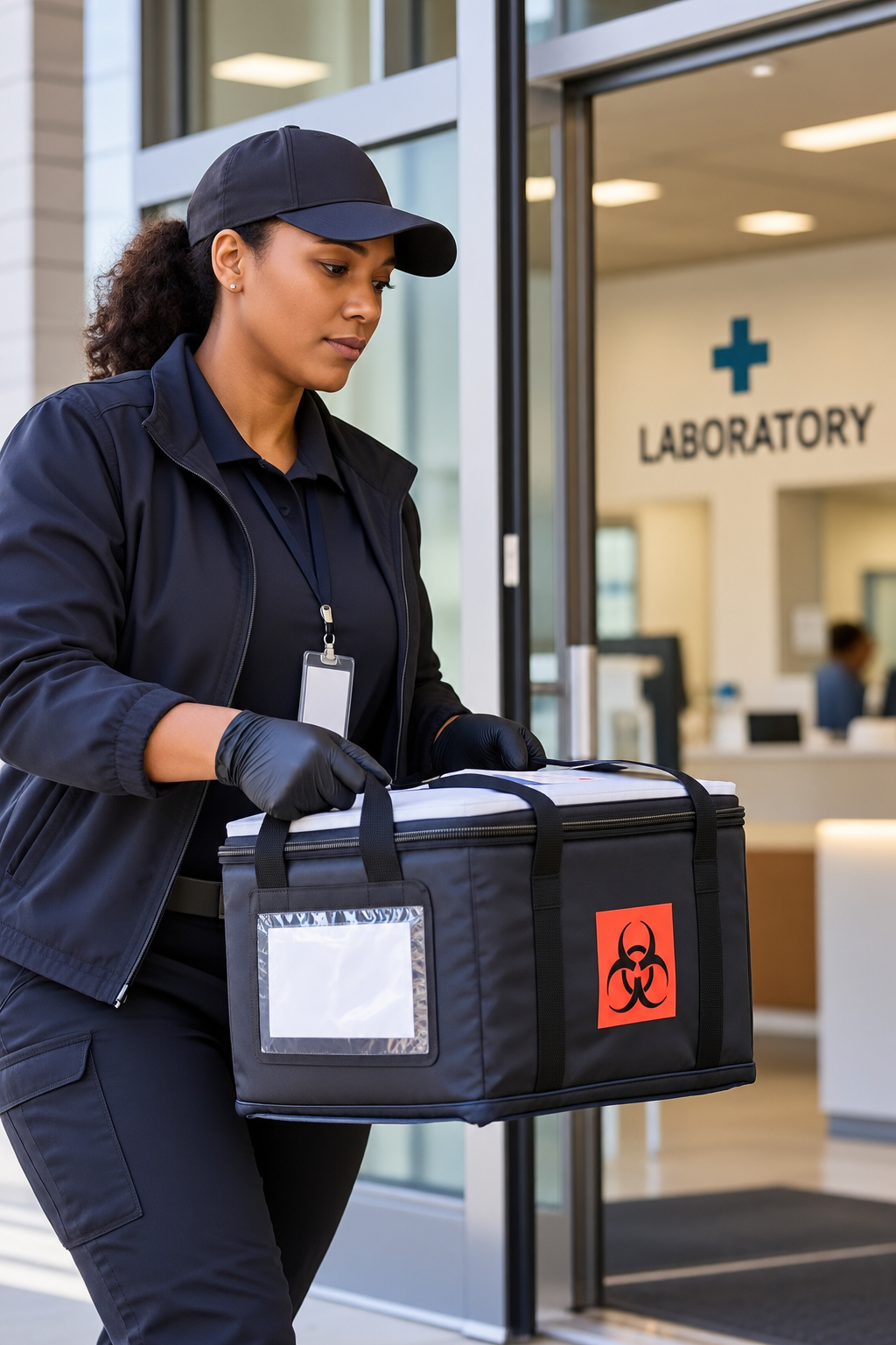 Medical courier carrying a secure biohazard transport container outside a laboratory