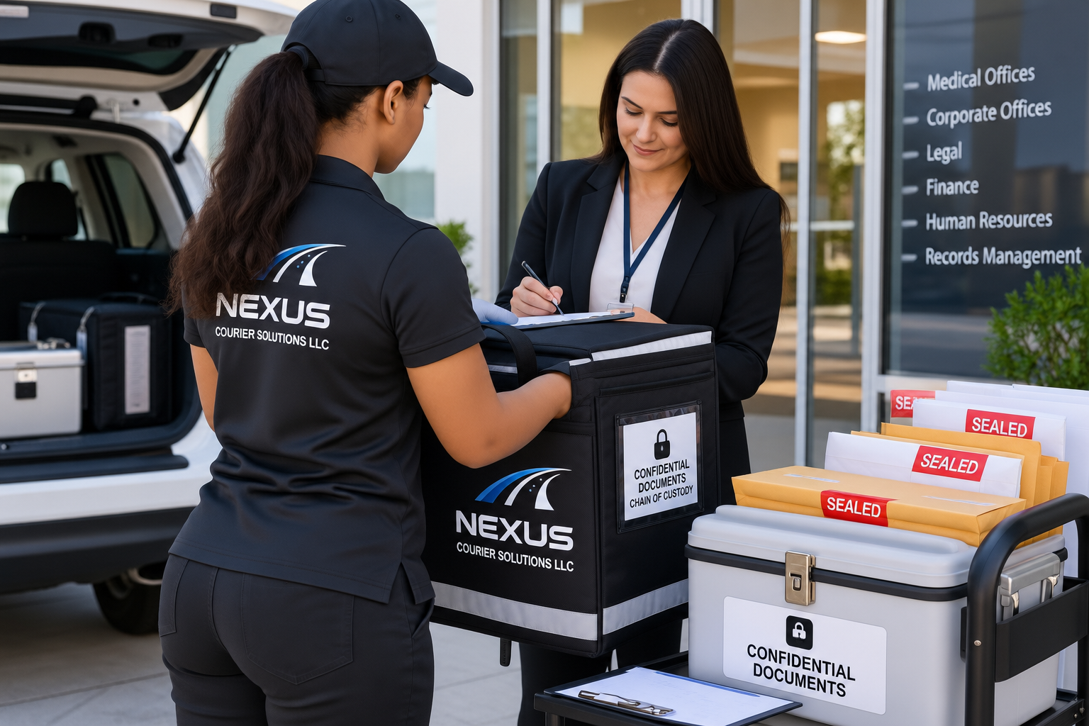 Nexus courier delivering confidential documents to a business professional.