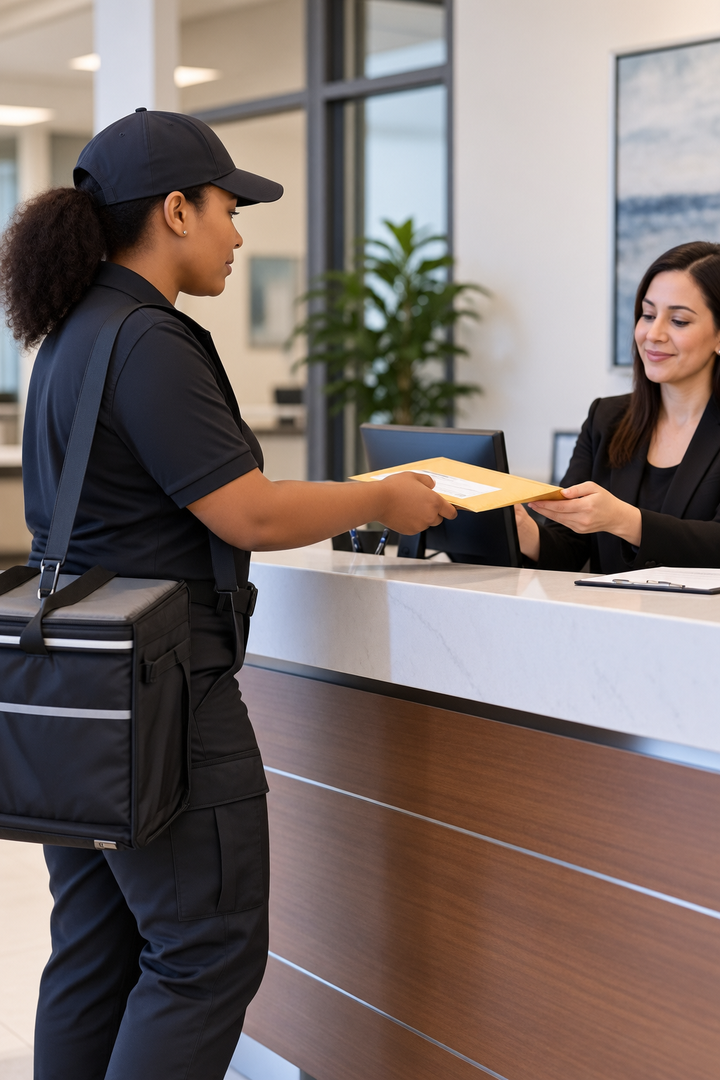 Courier handing a package to a receptionist at an office front desk