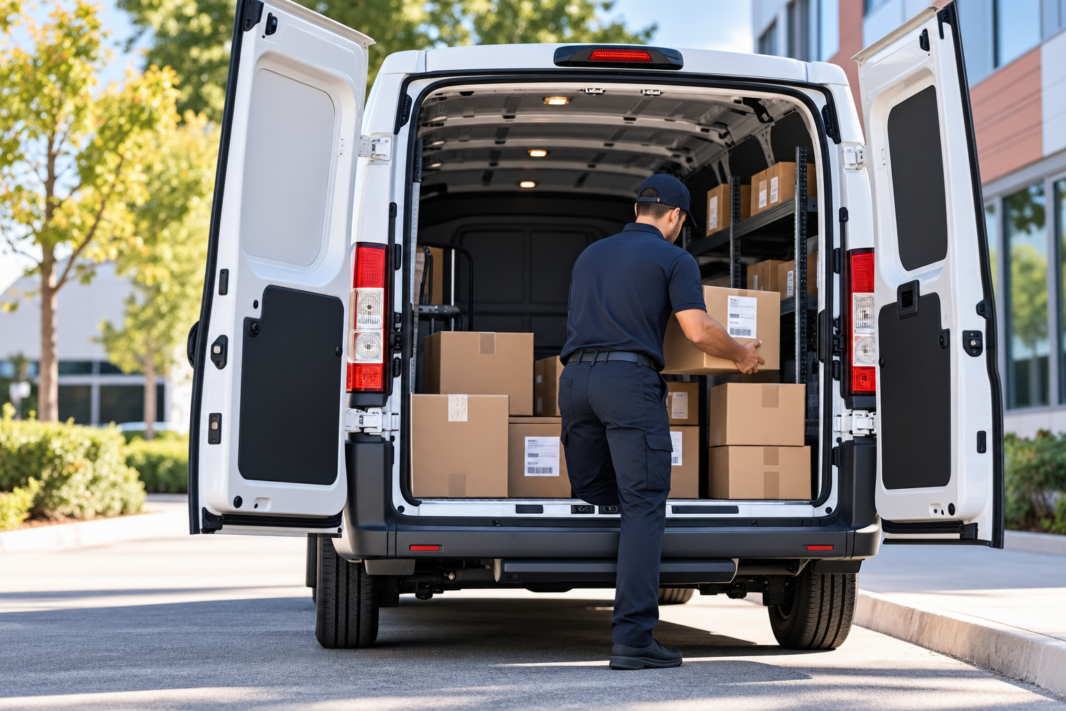 Courier organizing boxes in the back of a white cargo van outside a modern building
