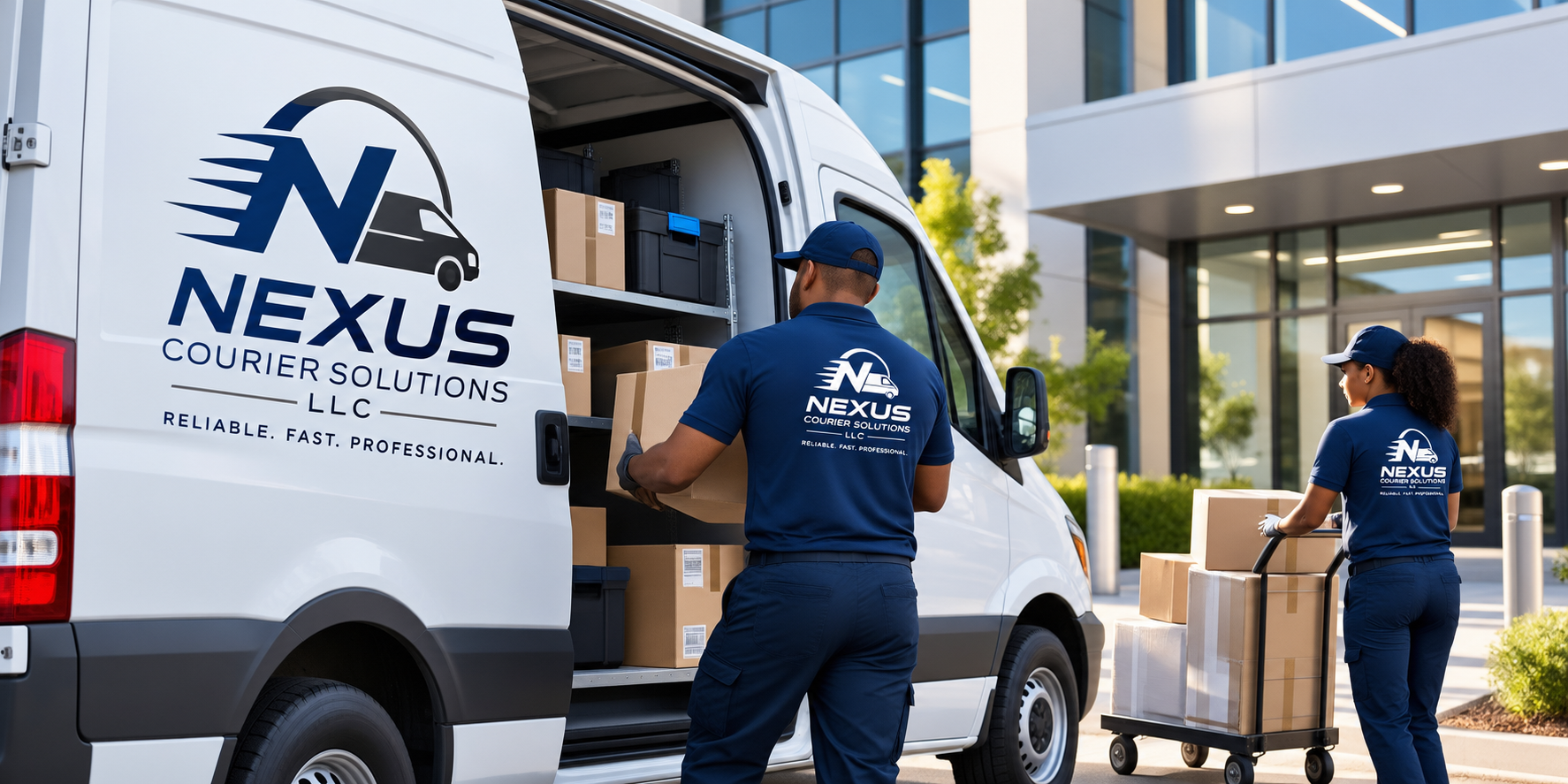 Two delivery workers loading packages into a Nexus Courier Solutions LLC van outside a modern office building