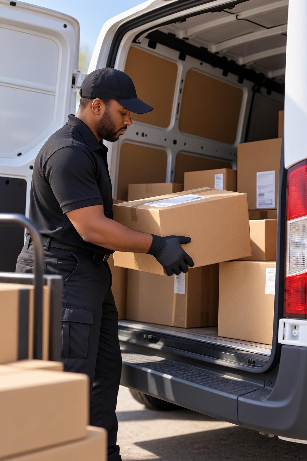 Courier loading cardboard boxes into a white delivery van.