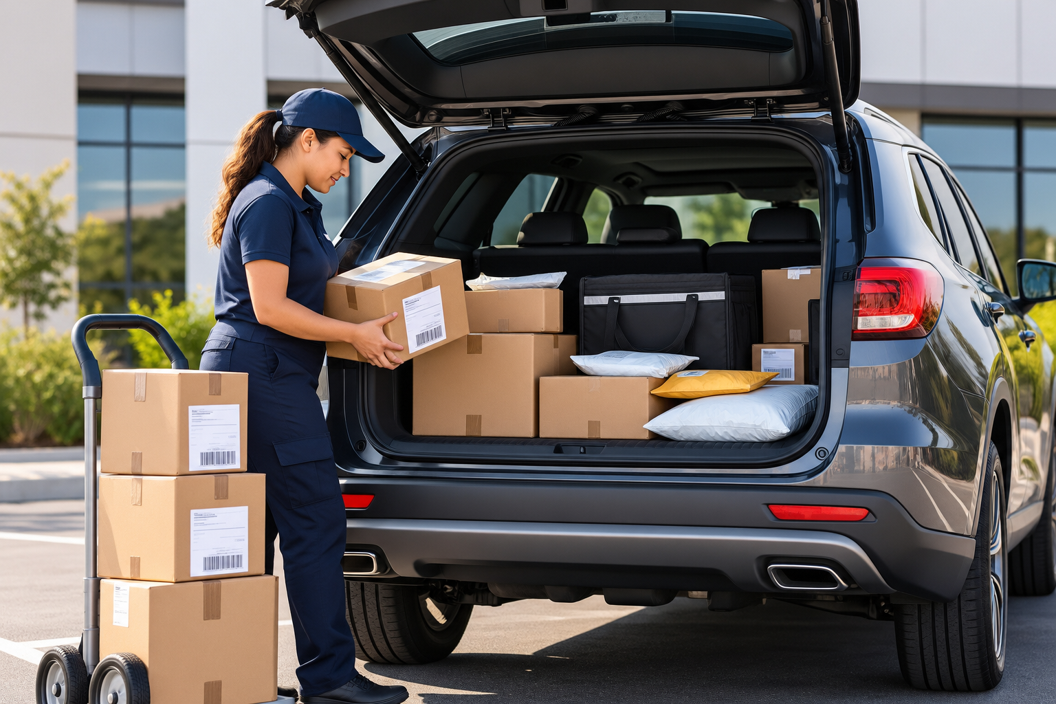Courier loading boxes into the back of a gray SUV, with additional boxes on a hand cart nearby, in an outdoor parking lot.