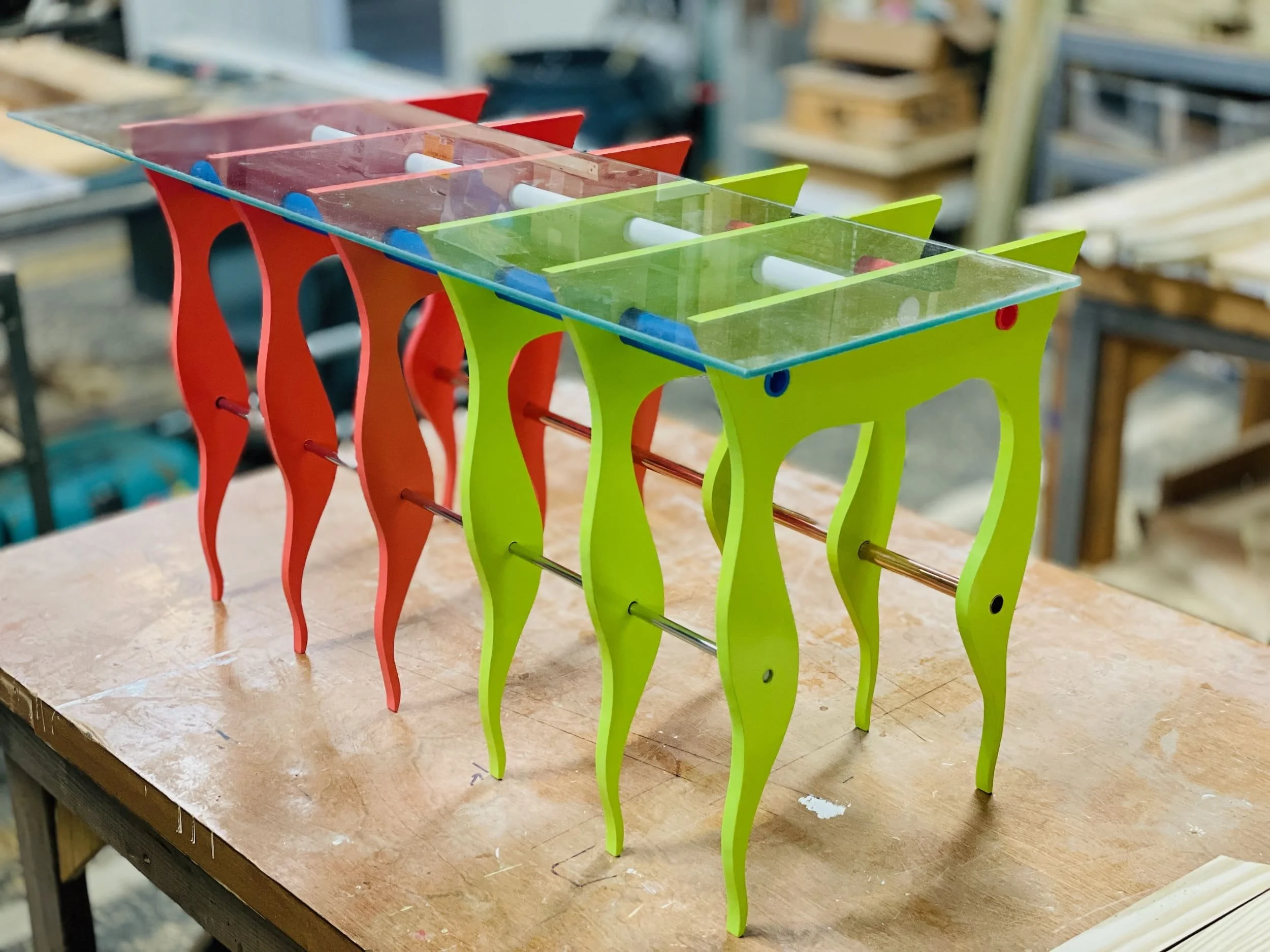 pipe table - extira, glass, aluminum and copper tubing, paint