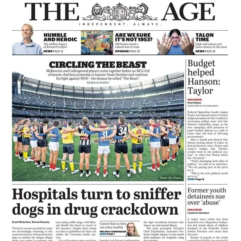 Front page of The Age featuring coverage of Parkville Class Action for Angela Sdrinis Legal.
