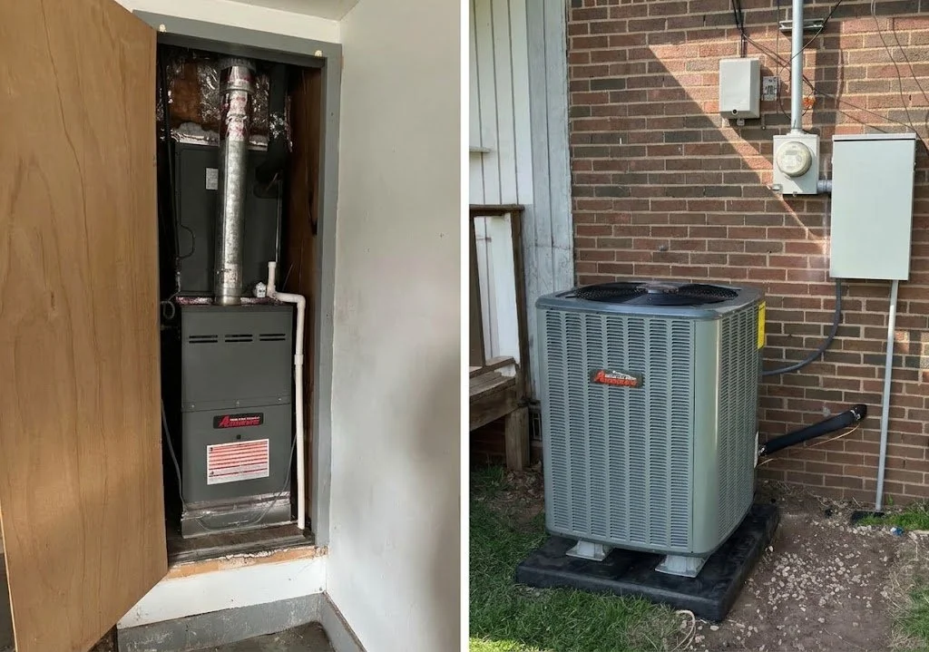 Comparison of two HVAC units: the left shows an indoor furnace with ductwork and pipes, and the right shows an outdoor air conditioning unit with electrical connections on a brick wall.