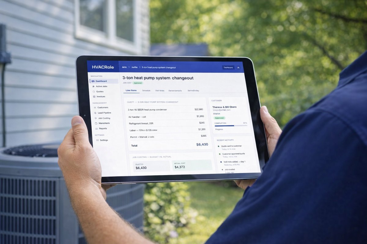 Person holding a tablet outdoors, displaying a dashboard for HVAC work orders.