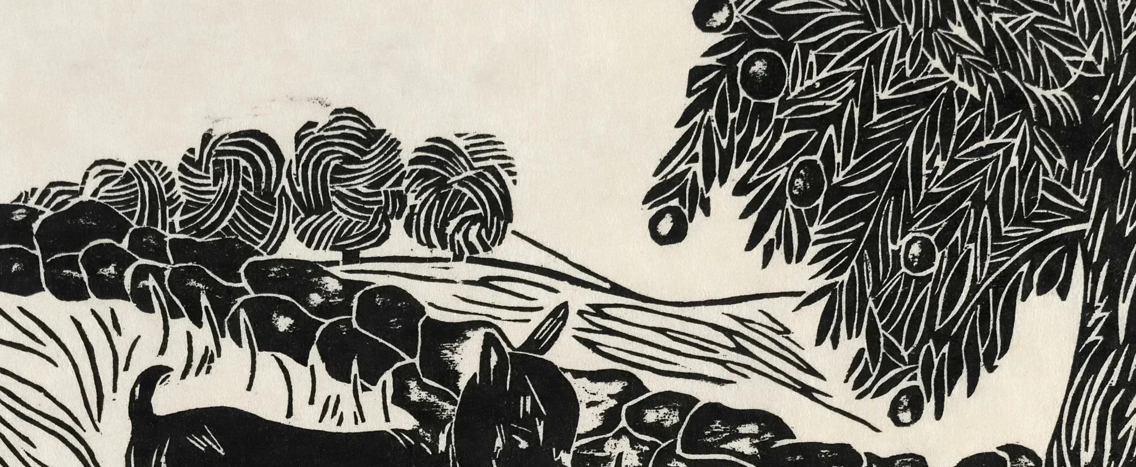 A black and white illustration of a person sitting on a rock trail with hiking stick, surrounded by trees and bushes.