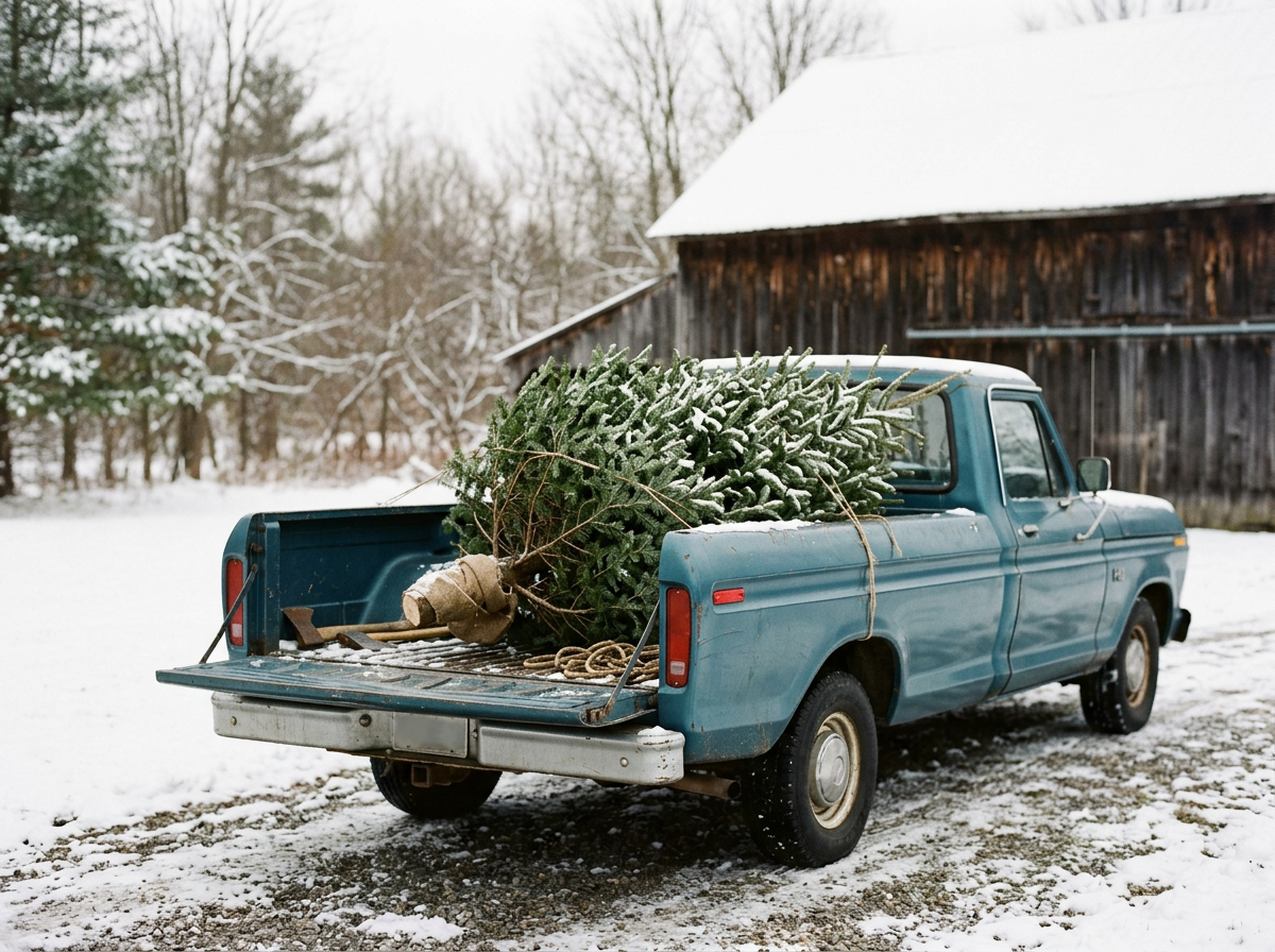 An old blue pickup truck parked on snow-covered ground with a large Christmas tree loaded in the truck bed, tied down with ropes.
