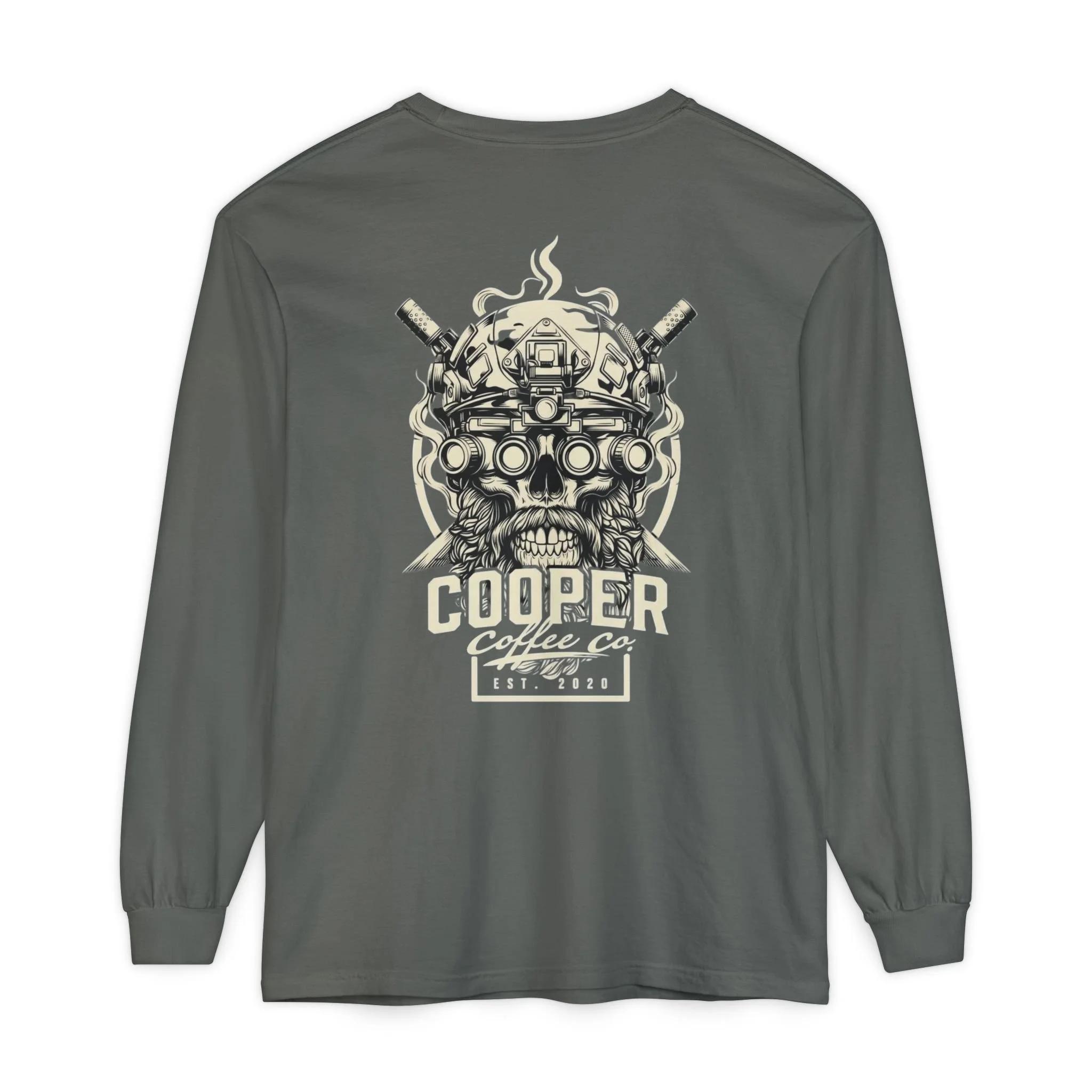 Cooper Coffee Co. "Tactical Bean Skull" Garment-Dyed Long-Sleeve Pocket Tee