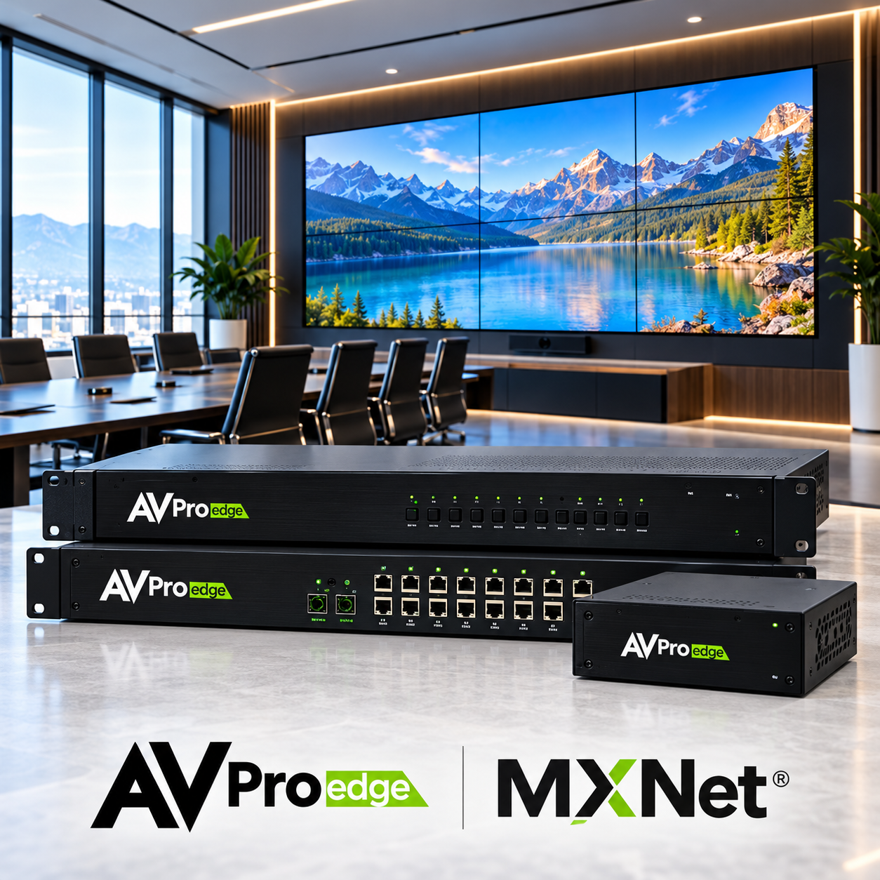 AVPro Edge MXnet AV-over-IP equipment with network video distribution hardware and a multi-screen video wall.