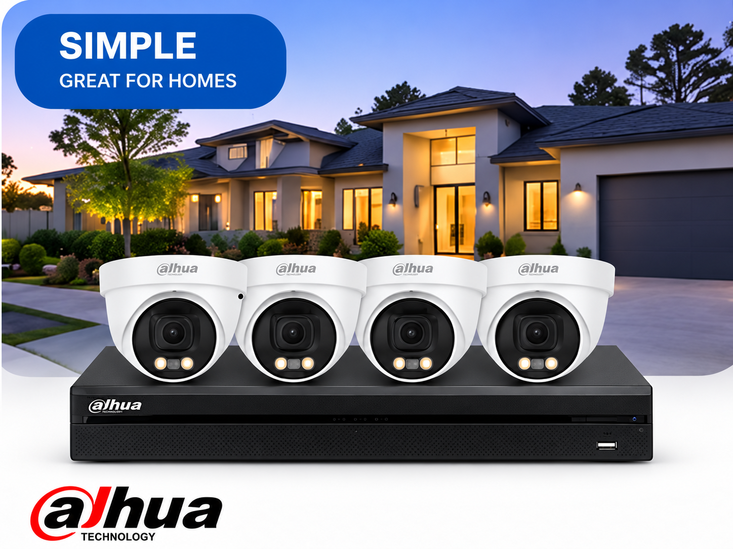 Dahua four-camera home CCTV security package with network video recorder in front of a residential home.