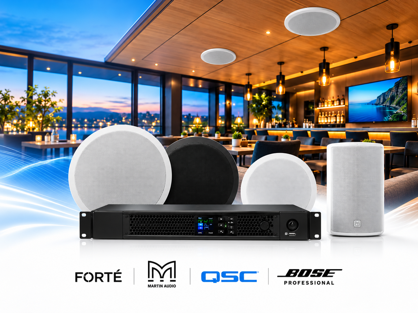 Commercial audio system featuring ceiling speakers, amplifiers and professional sound equipment in a hospitality venue.