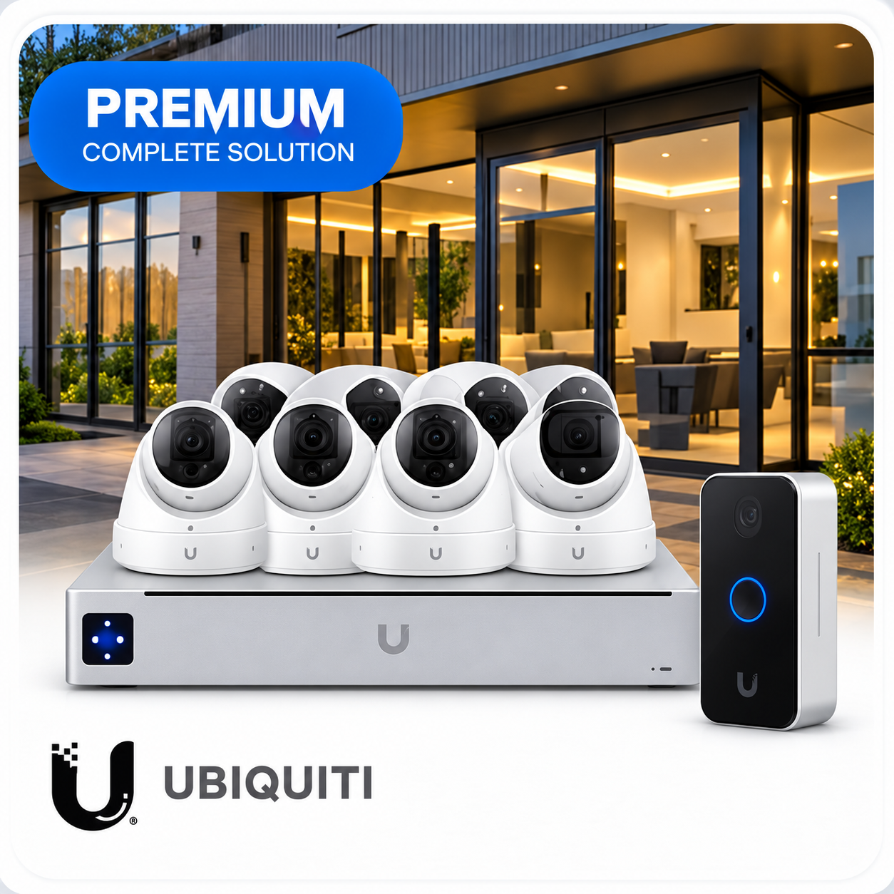 Ubiquiti UniFi Protect surveillance cameras, network video recorder and video doorbell at a modern property.