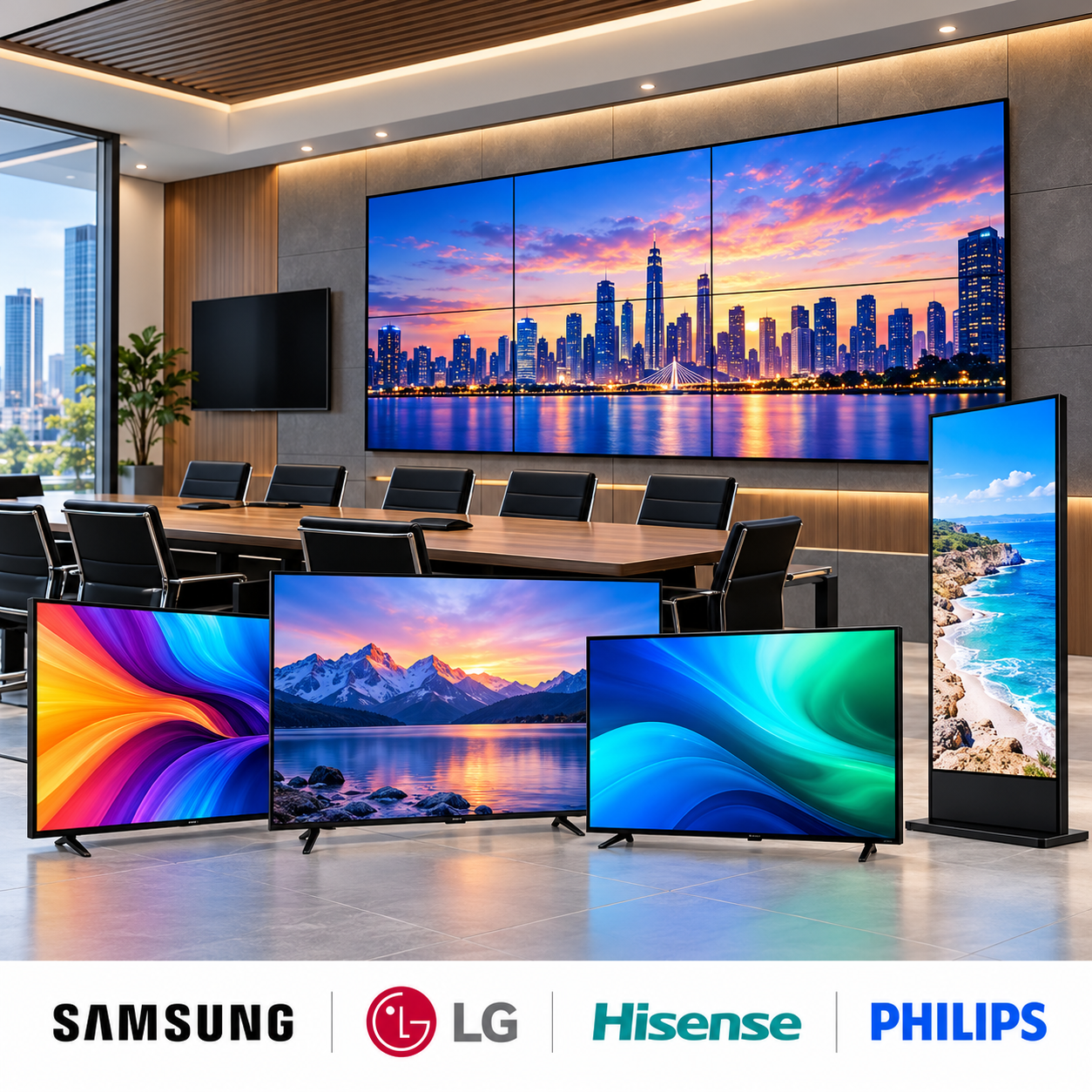 Commercial display systems featuring multiple TVs, digital signage screens and a large video wall.