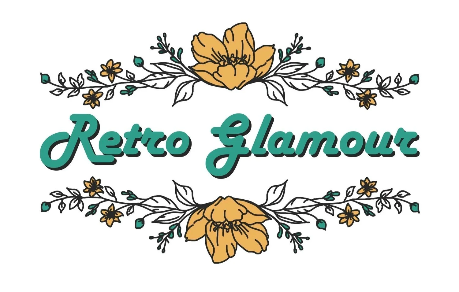 Retro Glamour lettering framed by vintage floral arrangements with yellow flowers and teal foliage