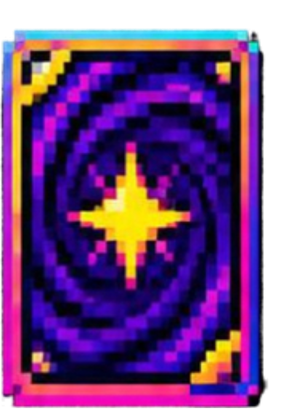 A pixelated card with a purple and black spiral pattern and a yellow star in the center, with pink and yellow borders.