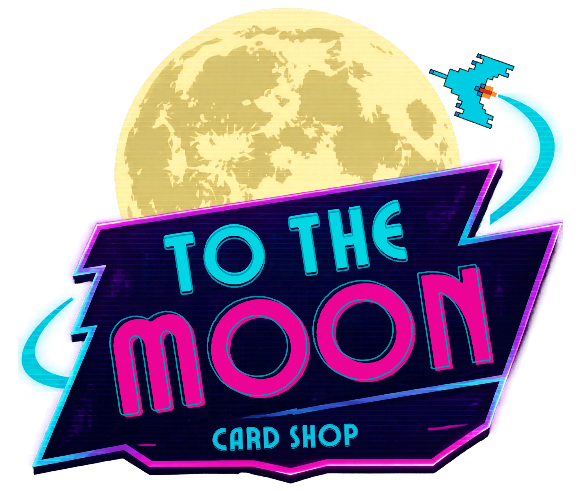 Cartoon neon sign for 'To The Moon Card Shop' featuring a pixelated moon in the background and colorful neon arrows.