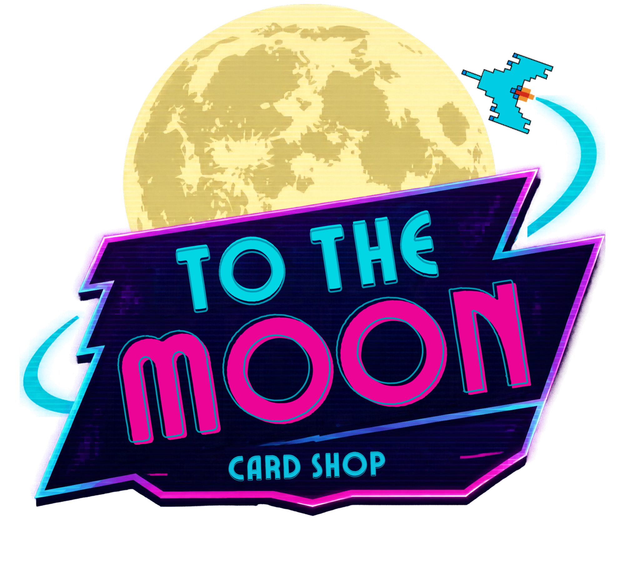 Neon sign for a card shop with a globe in the background and a pixel art trophy icon.